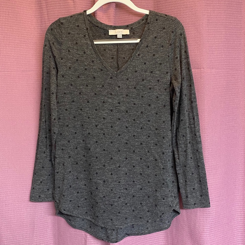 LOFT Grey Polka Dot Long Sleeve Tee